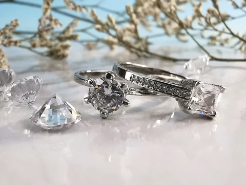 Diamond rings and loose stones on white marble under dried flowers